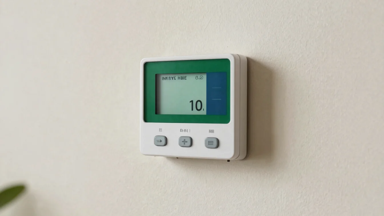 Close view of a modern thermostat and smart meter on a pale wall,