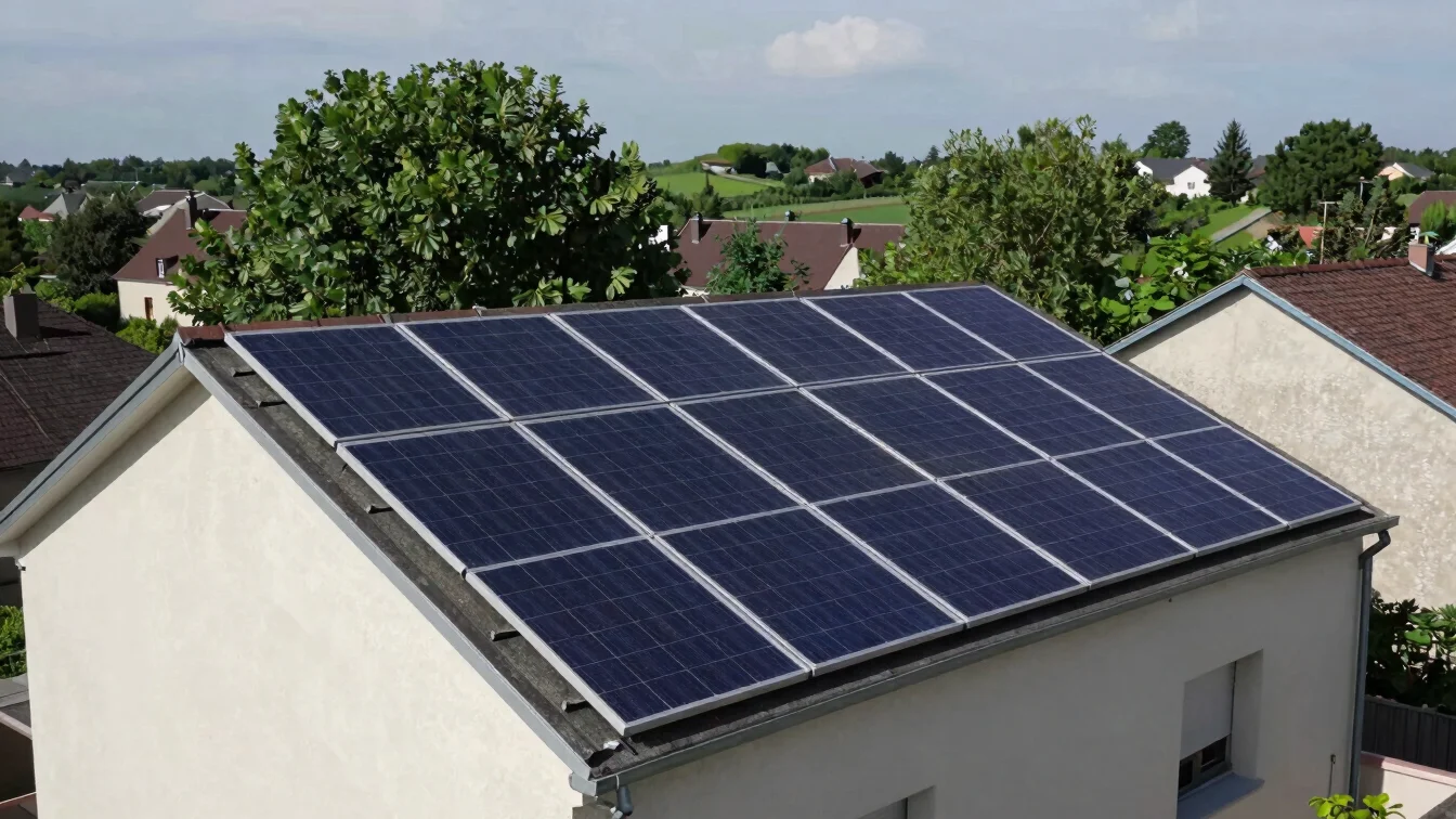 Rooftop solar panels on a residential building in a French villag