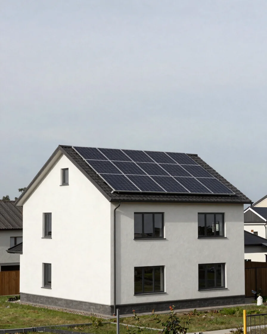 Clean architectural wide of a residential house in daylight with a dark rooftop solar array, neutral overcast-balanced t