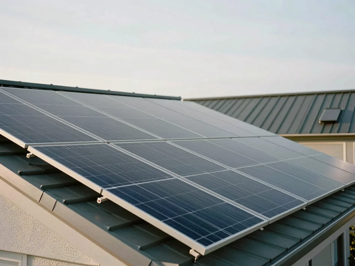 Close editorial study of a row of dark photovoltaic modules on a