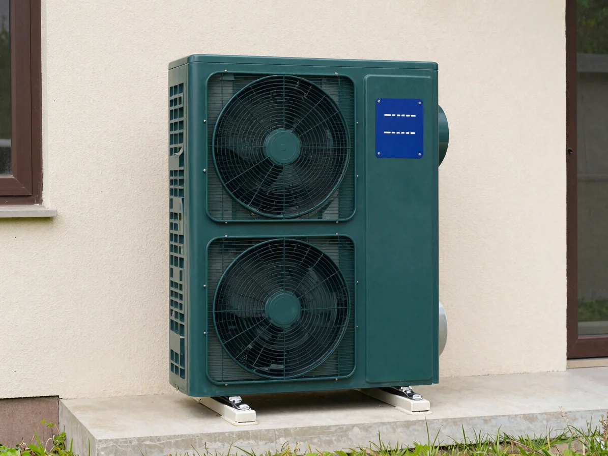 Outdoor air-to-water heat pump unit beside a residential exterior