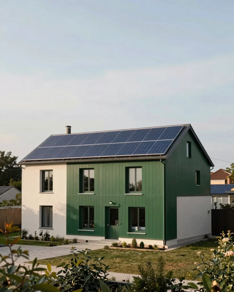 Wide architectural view of a modern, energy-efficient French hous